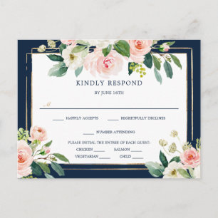 Navy Blue Gold Blush Wedding RSVP Briefkaart