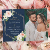 Navy Blue Gold Blush Wedding Save The Date Card Kaart