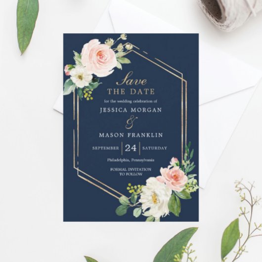 Navy Blue Gold Blush Wedding Save The Date Card Kaart