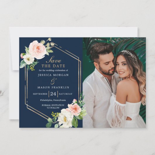 Navy Blue Gold Blush Wedding Save The Date Card Kaart (Voorkant)