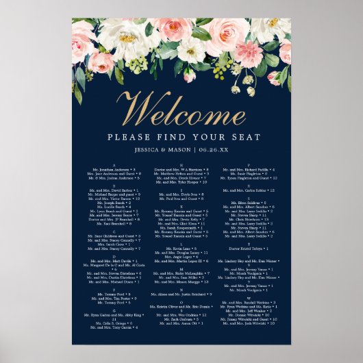 Navy Blue Gold Blush Wedding Seding Chart Sign Poster (Voorkant)