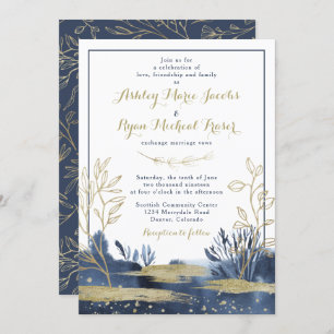 Navy Blue Gold Boho Floral Wedding Invitation Kaart