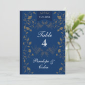 Navy Blue Gold Book Cover Wedding Table Number  Kaart (Staand voorkant)