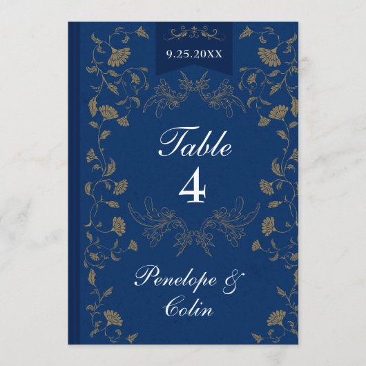 Navy Blue Gold Book Cover Wedding Table Number  Kaart (Voorkant)