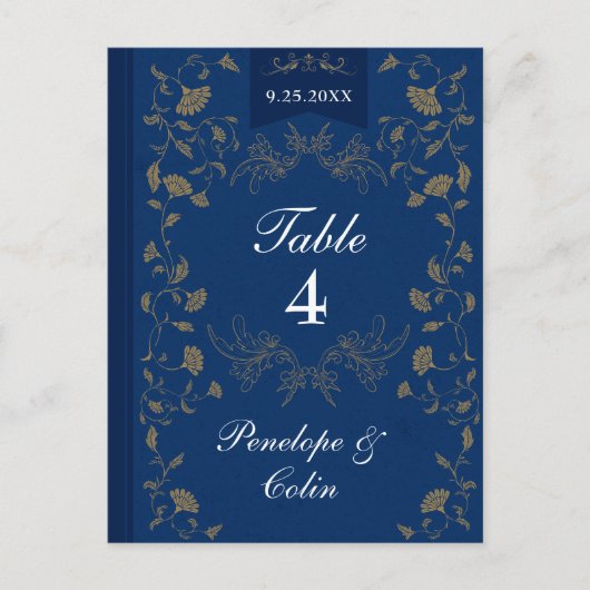 Navy Blue Gold Book Hoesje Trouwtafel Nummer Briefkaart (Voorkant)