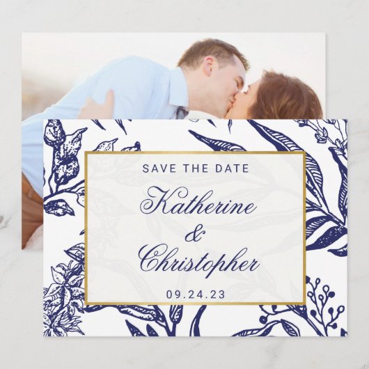 Navy Blue Gold Botanical Photo Save the Date (Voorkant / Achterkant)