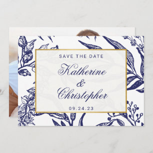 Navy Blue Gold Botanical Photo Save the Date