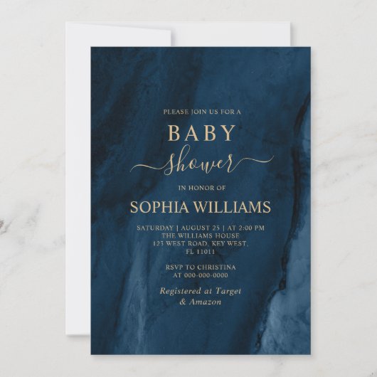 Navy Blue & Gold Calligraphy Baby shower Kaart (Voorkant)