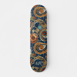 Navy Blue Gold Celestial Paisley Patroon Monogram Skateboard