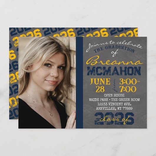 Navy Blue & Gold Chalkboard Afstuderen Invitation Kaart