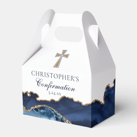 Navy Blue Gold Christian Cross Confirmation Party Bedankdoosjes (Voorkant Zijde)
