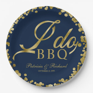 Navy Blue Gold Confetti I Do BBQ Engagement Party Papieren Bordje