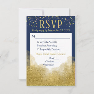 Navy Blue Gold Confetti RSVP Wedding Response Meal Kaartje