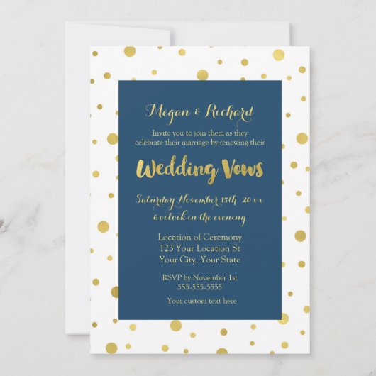 Navy Blue Gold Confetti Vow Renewal Invitation Kaart (Achterkant)