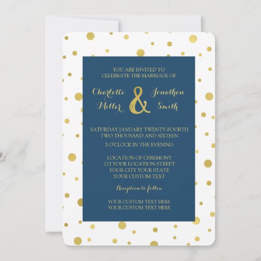 Navy Blue Gold Confetti Wedding Invitations Kaart (Achterkant)