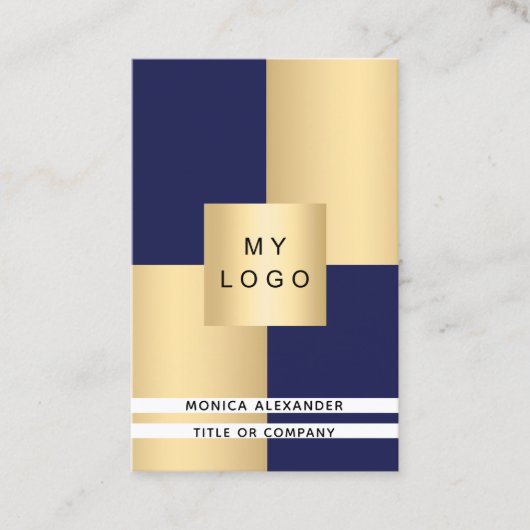 Navy blue gold corporate logo QR code Visitekaartje (Voorkant)