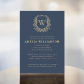 Navy Blue Gold Crest Monogram Afstudeerfeest Kaart