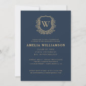 Navy Blue Gold Crest Monogram Afstudeerfeest Kaart (Voorkant)