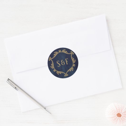 Navy Blue Gold Crest Monogram Envelope Seal Ronde Sticker (Envelop)