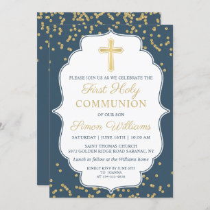 Navy Blue Gold Cross Glitter First Heilige Communi Kaart