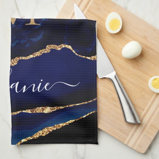 Navy Blue Gold Custom Letter Nom Cuisine Serviette (Quart Plié)
