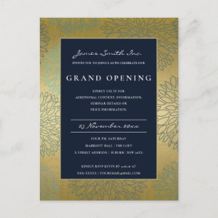 NAVY BLUE GOLD DAHLIA FLORAL GRAND OPENING INVITE BRIEFKAART