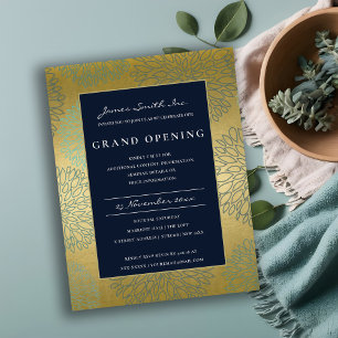 NAVY BLUE GOLD DAHLIA FLORAL GRAND OPENING UITNODI BRIEFKAART