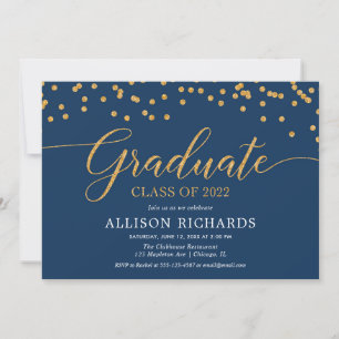 Navy blue gold elegant confetti graduparty i kaart