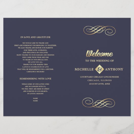 Navy blue | Gold Elegant Folded Wedding Program (Voorkant)