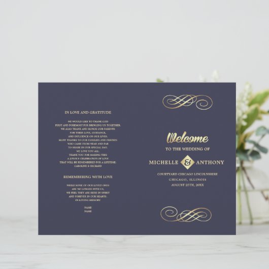 Navy blue | Gold Elegant Folded Wedding Program (Staand voorkant)