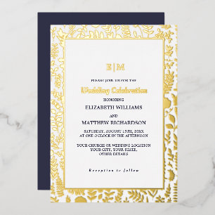 Navy Blue Gold Elegant Luxury Wedding Folie Uitnodiging
