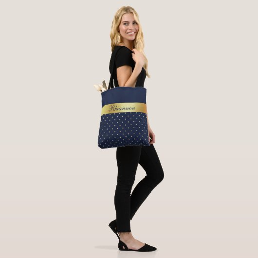 Navy Blue Gold Elegant Patterned Monogrammed Draagtas (Op model)