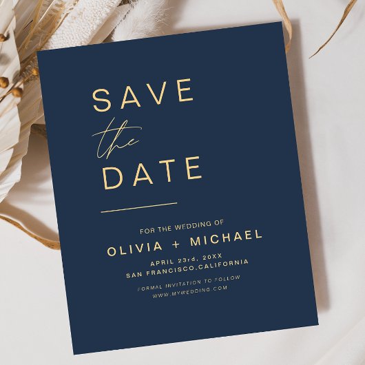 Navy Blue Gold Elegant Save the Date Minimalist