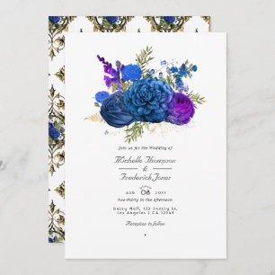 Navy Blue, Gold en Paarse  Floral Wedding Kaart