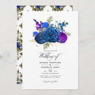 Navy Blue, Gold en Paarse  Floral Wedding Kaart
