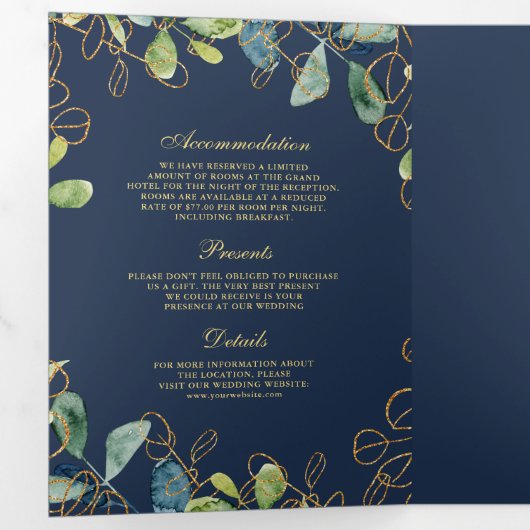 Navy Blue Gold Eucalyptus Wreath QR Code Weddensch Drieluik Uitnodiging (Binnenzijde eerst)