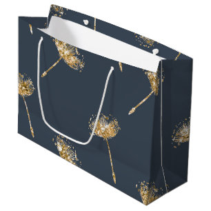Navy Blue Gold Faux Glitter Paardebloem Bloemen Groot Cadeauzakje