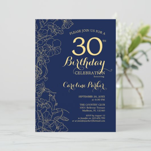 Navy Blue Gold Floral 30th Birthday Party Kaart (Staand voorkant)