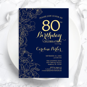 Navy Blue Gold Floral 80th Birthday Party Kaart