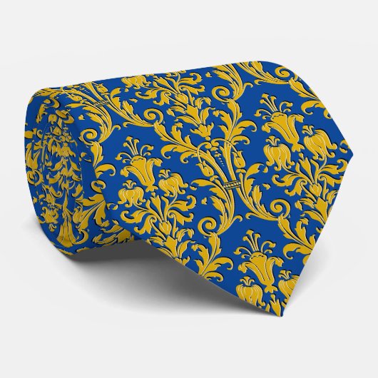 Navy Blue Gold Floral Damask Stropdas (Opgerold)