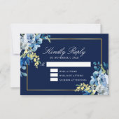 Navy Blue Gold Floral Elegant Evening Kindly Antwo RSVP Kaartje (Voorkant)