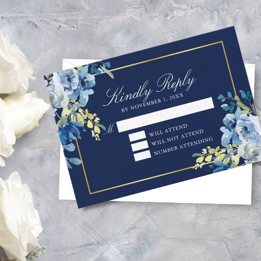 Navy Blue Gold Floral Elegant Evening Kindly Antwo RSVP Kaartje