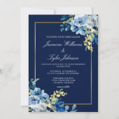 Navy Blue Gold Floral Elegant Evening Wedding Kaart (Voorkant)