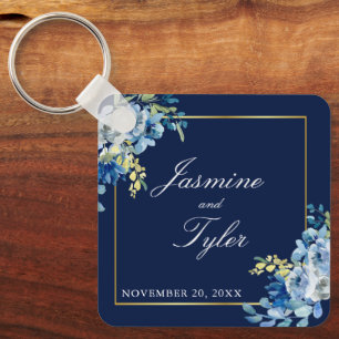 Navy Blue Gold Floral Elegant Evening Wedding Sleutelhanger