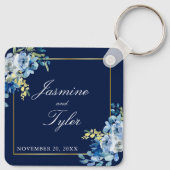 Navy Blue Gold Floral Elegant Evening Wedding Sleutelhanger (Achterkant)