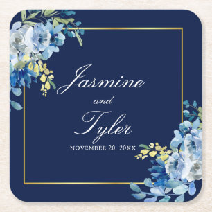 Navy Blue Gold Floral Elegant Evening Wedding Vierkante Kartonnen Onderzetter