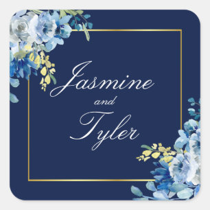 Navy Blue Gold Floral Elegant Evening Wedding Vierkante Sticker