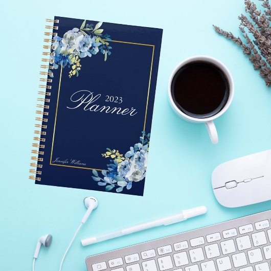 Navy Blue Gold Floral Elegant gepersonaliseerd 202 Planner