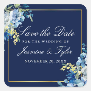 Navy Blue Gold Floral Elegant Save the Date Vierkante Sticker