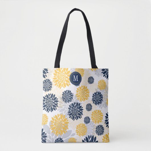 Navy Blue Gold Floral Monogram Draagtas (Voorkant)